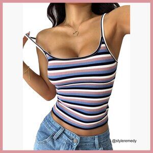Sleeveless Spaghetti Strap Striped Cami Crop Top Slim Fit Knit